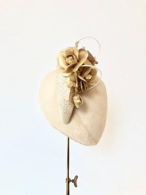 ivory straw halo crown padded headband, kate middleton style, with gold metallic fabric flowers