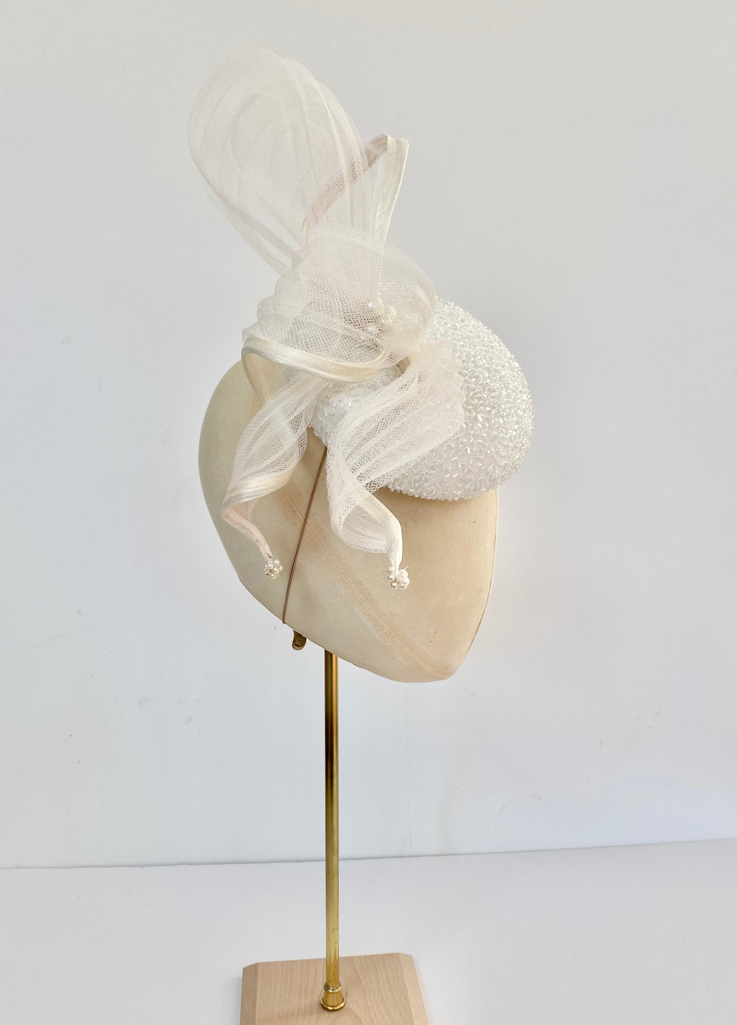 mother of the bride hat ivory, button cocktail hat with crystals and pleated crin loops