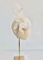 mother of the bride hat ivory, button cocktail hat with crystals and pleated crin loops