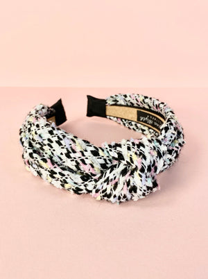 boucle tweed knotted headband black and white with pastel colours