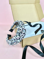 boucle tweed knotted headband black and white with pastel colours